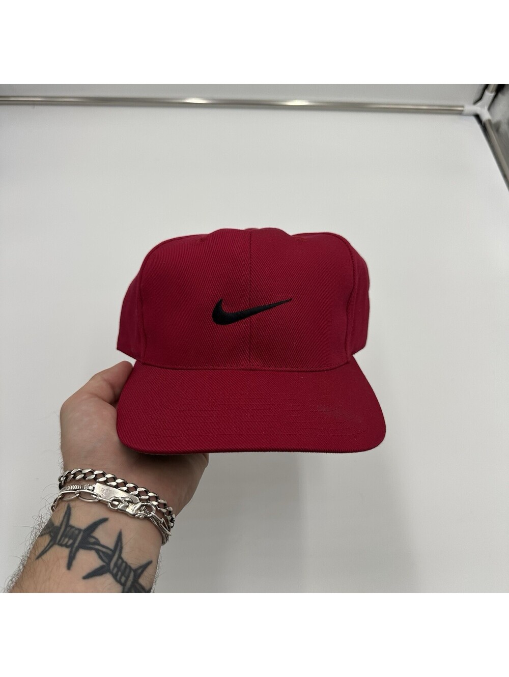 VTG 90s Nike Swoosh Red Strap back Hat Black Logo Cap New With Tags RARE